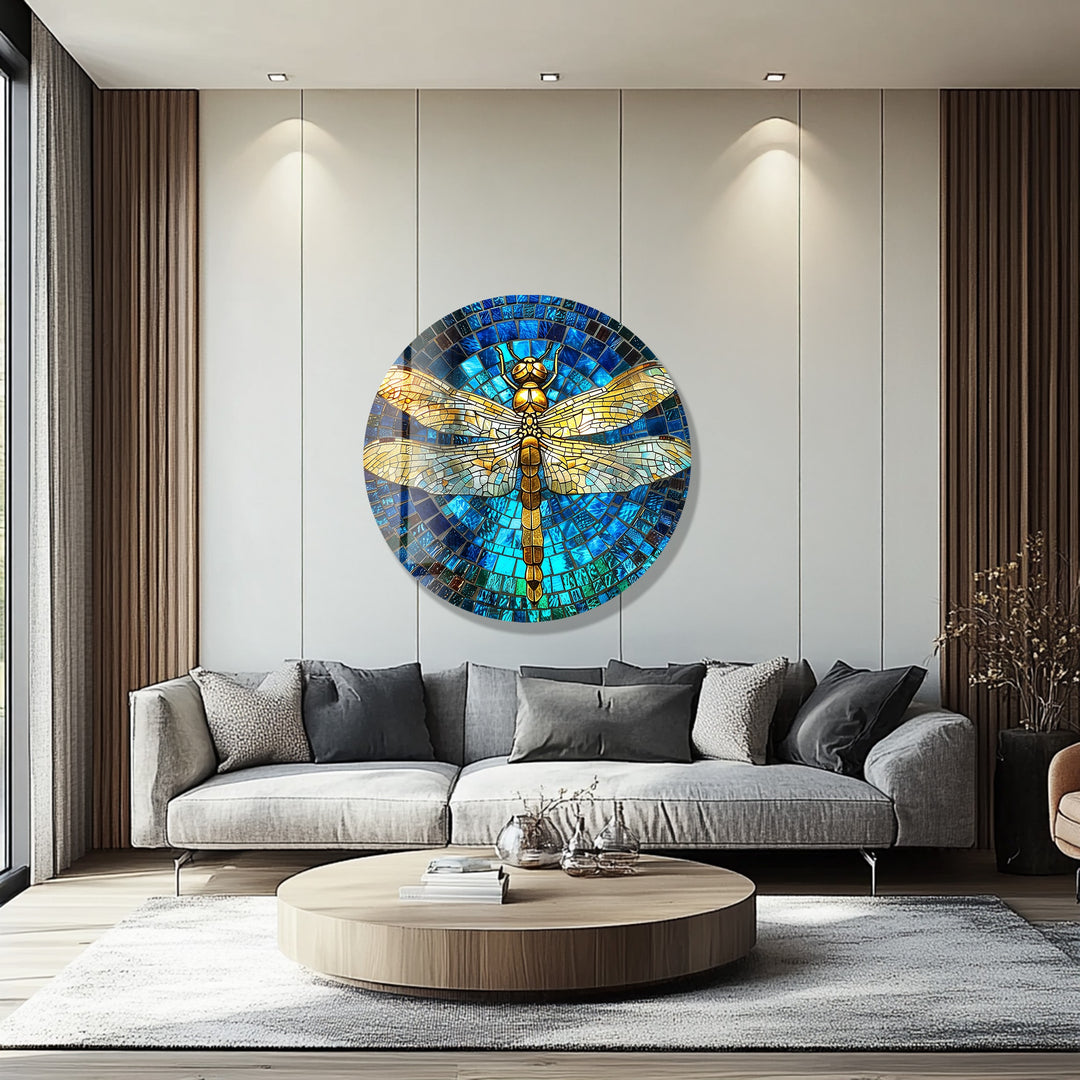 Golden Serenity – Dragonfly Mosaic Round Glass Wall Art