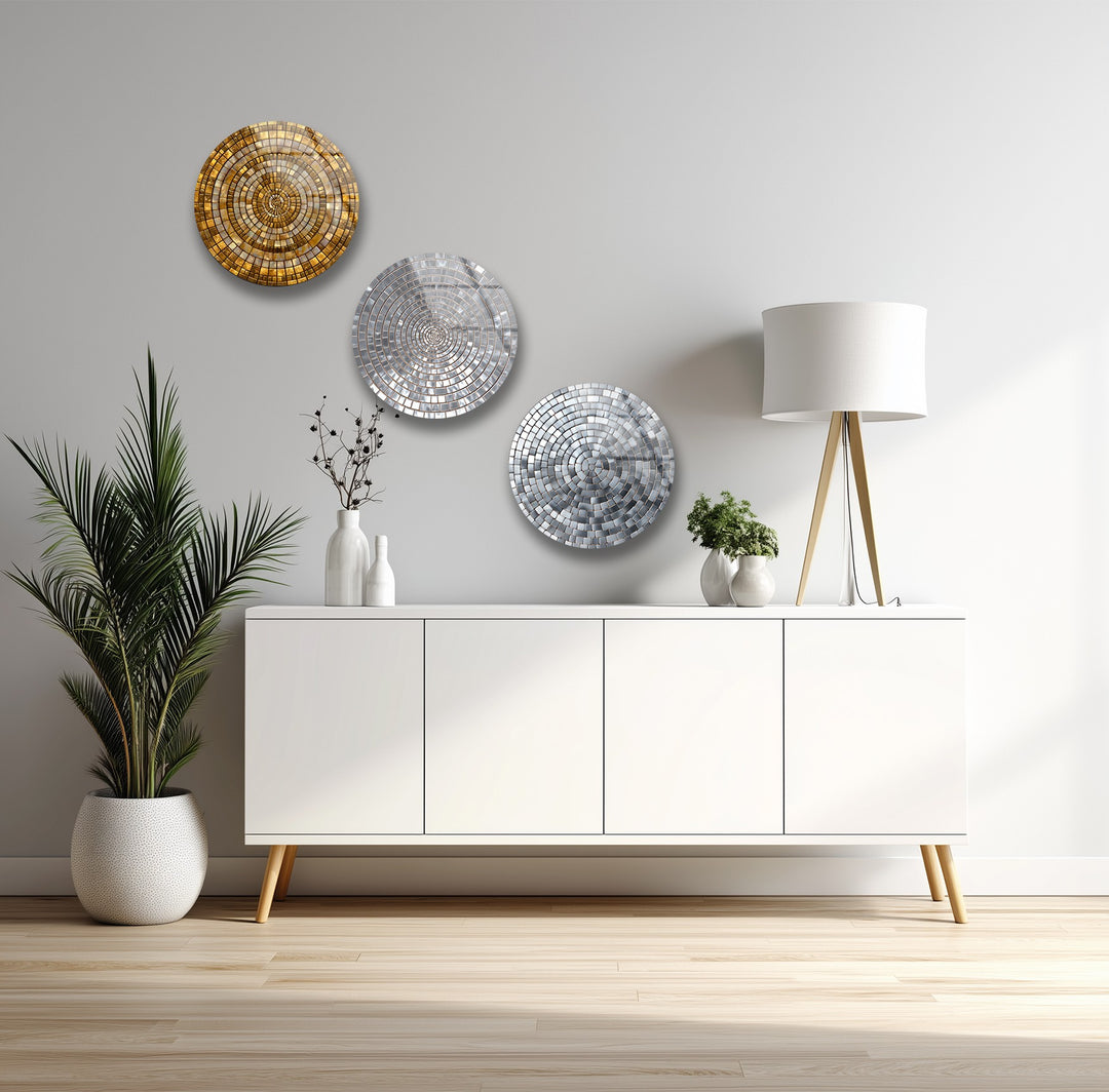 Radiant Reflections Trio – Gold & Silver Mosaic Round Glass Wall Art Set