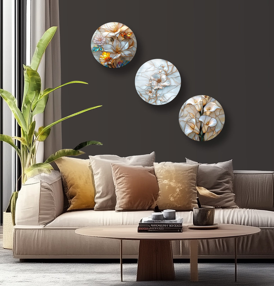 Golden Blossom Harmony – Elegant Floral Round Glass Wall Art Set