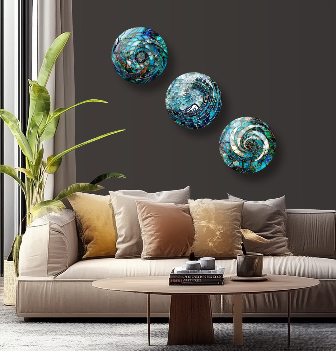 Aqua Spiral Essence – Abstract Ocean Mosaic Round Glass Wall Art Set
