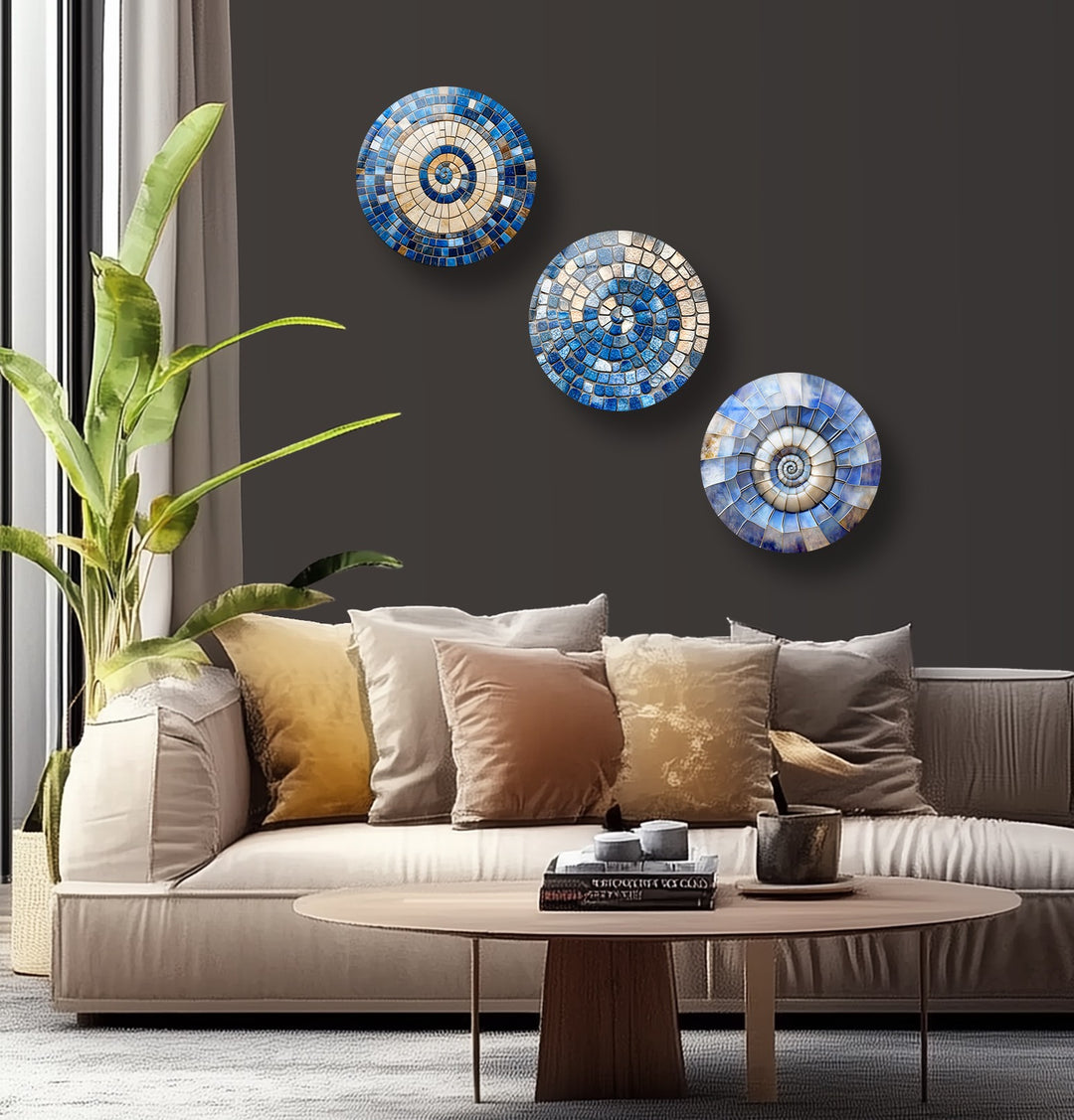 Azure Spiral Harmony – Blue Mosaic Round Glass Wall Art Set