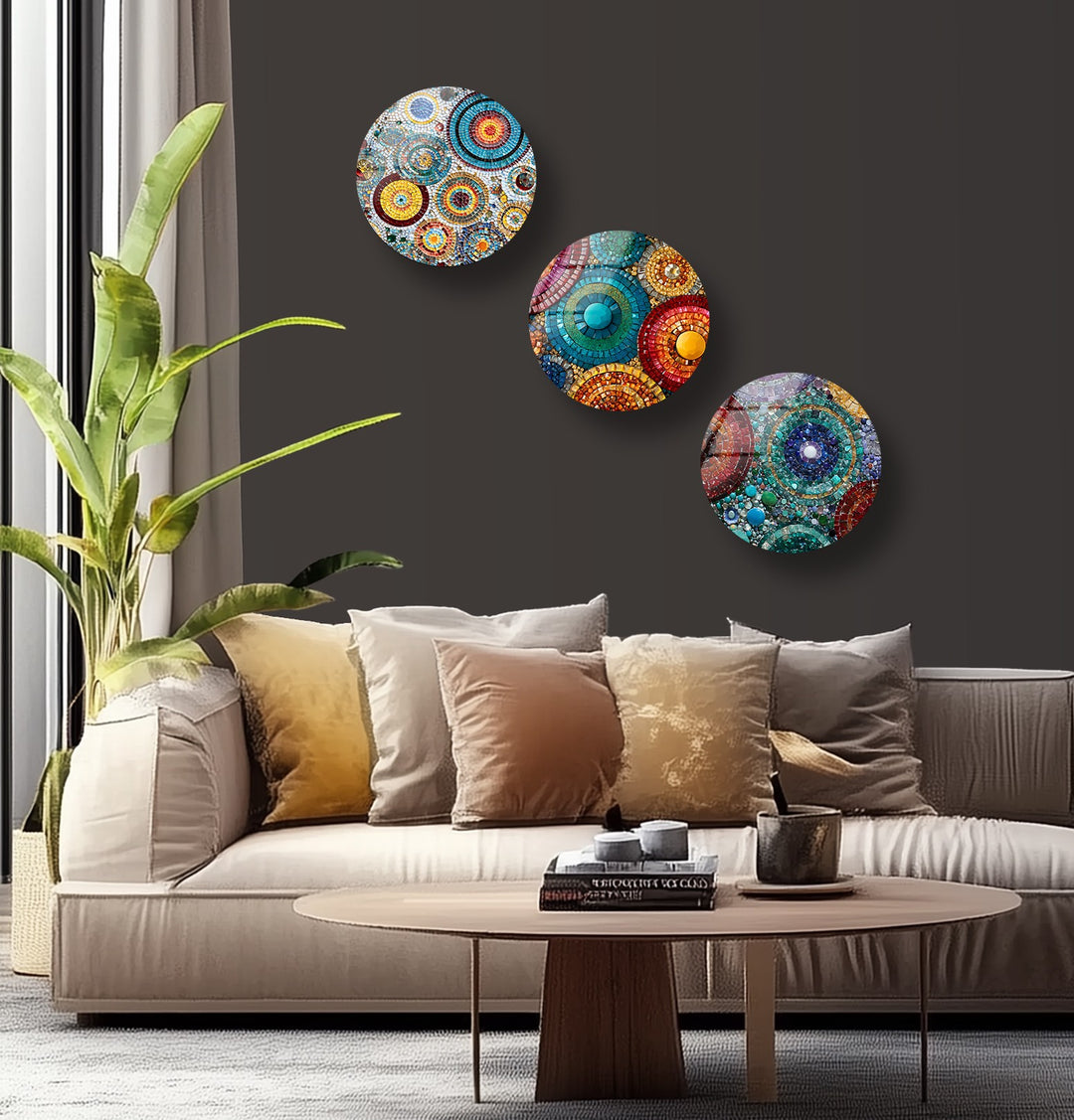 Radiant Mosaic Circles – Colorful Abstract Round Glass Wall Art Set