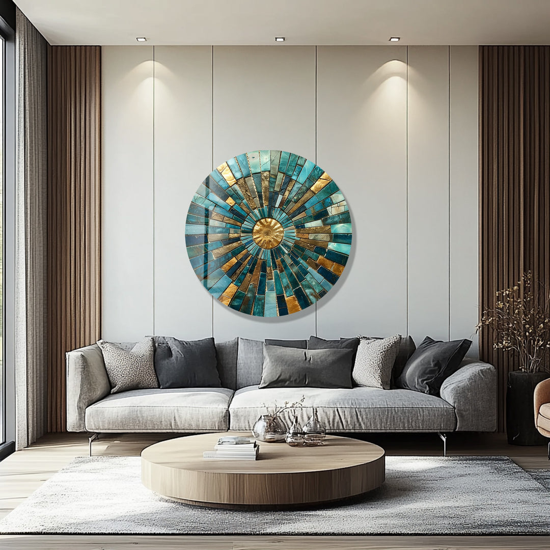 Golden Horizon – Turquoise Mosaic Round Glass Wall Art