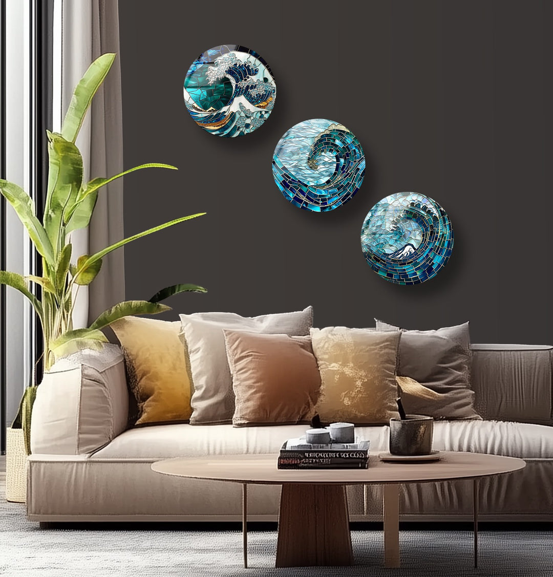Oceanic Waves – Mosaic Sea-Inspired Round Glass Wall Art Set