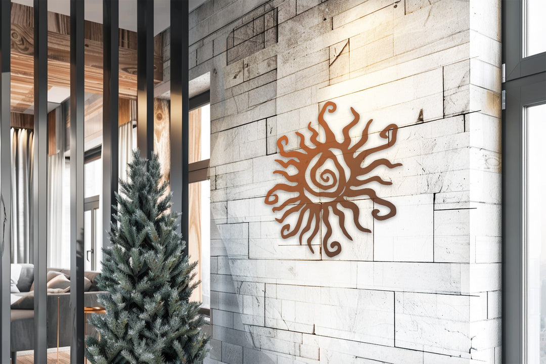 Abstract Sun Metal Wall Art – Bohemian Spiral Sunburst Decor
