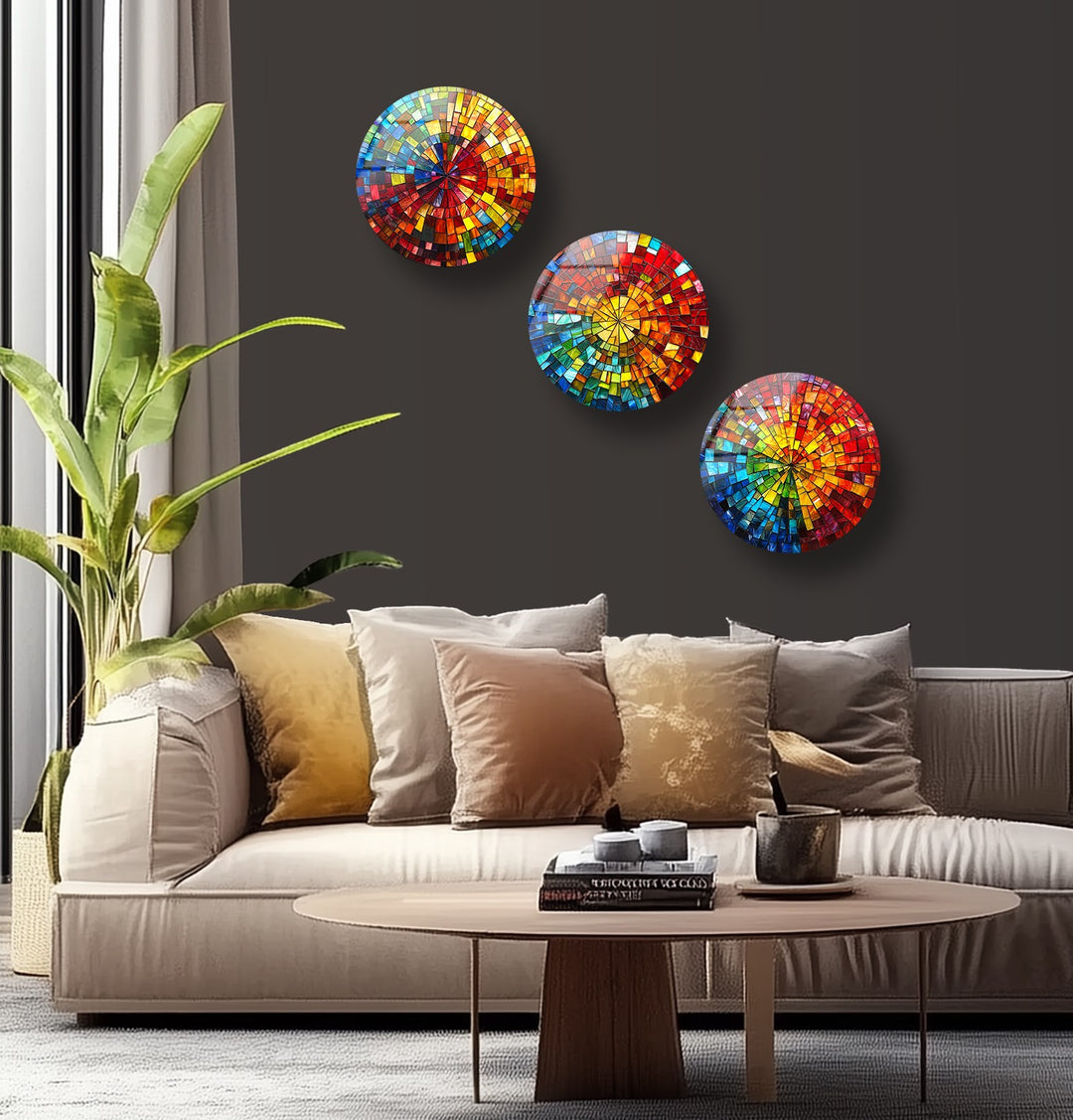 Radiant Spectrum – Color Burst Mosaic Round Glass Wall Art Set