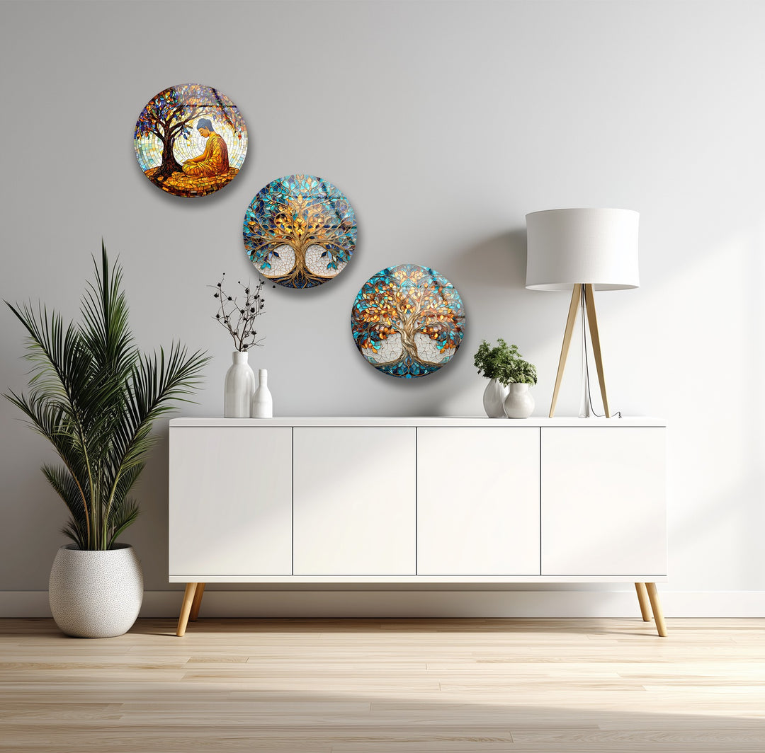 Golden Harmony Trees – Round Glass Wall Art Set