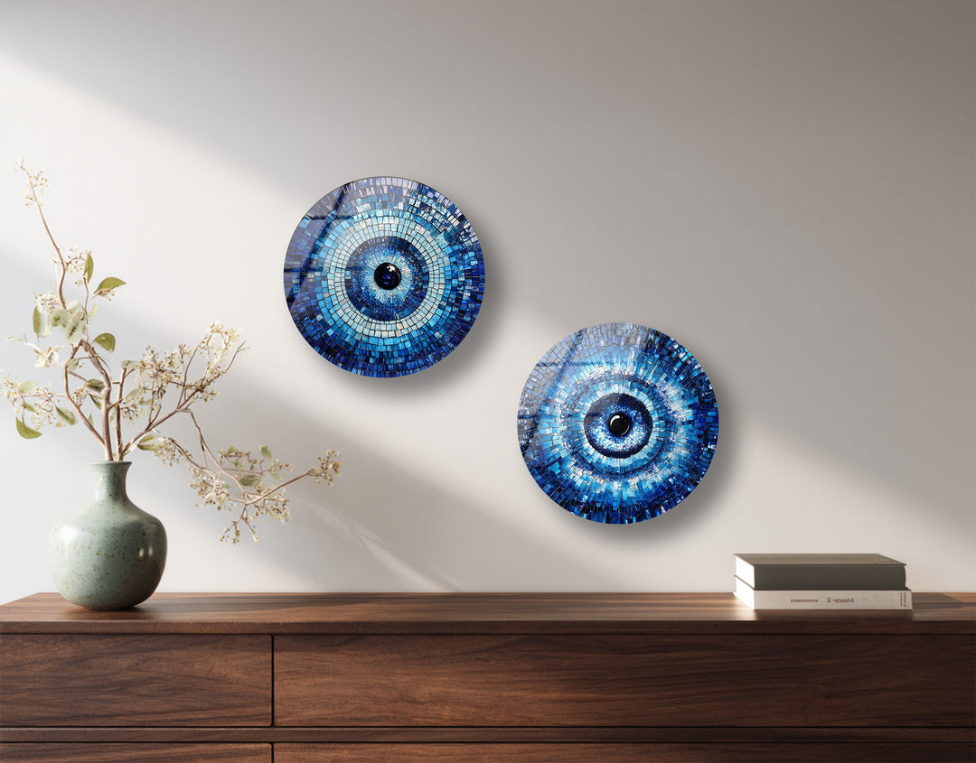 Blue Mosaic Harmony – Evil Eye Inspired Round Glass Wall Art Set