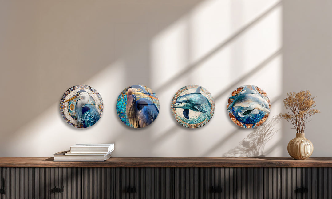 Oceanic Harmony Trio – Dolphin & Heron Mosaic Round Glass Wall Art Set