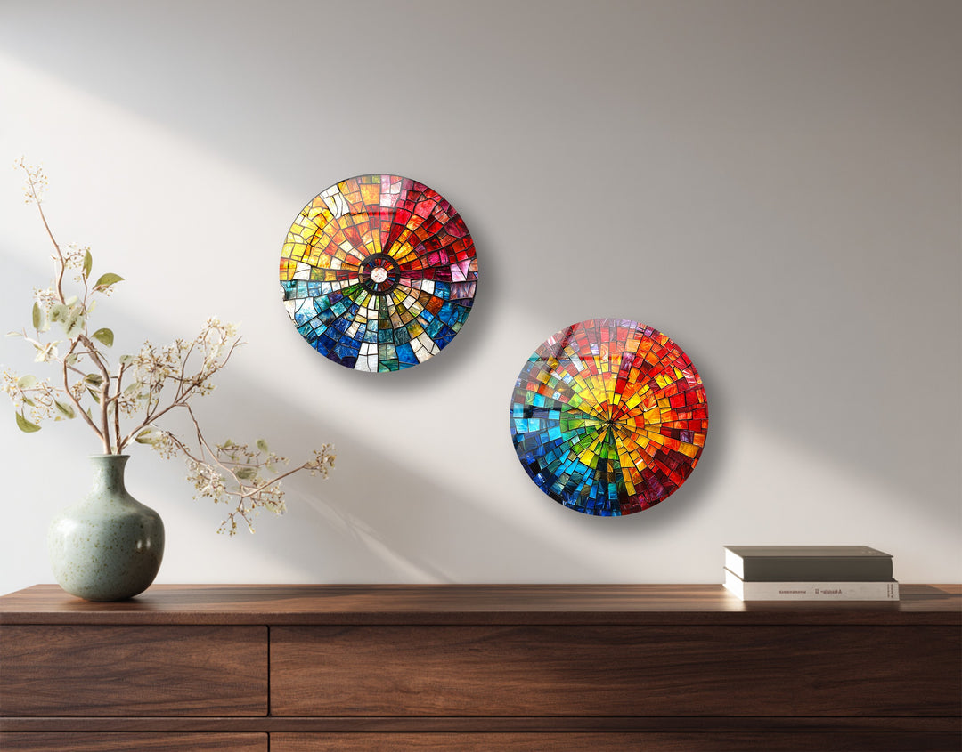 Radiant Spectrum – Color Burst Mosaic Round Glass Wall Art Set