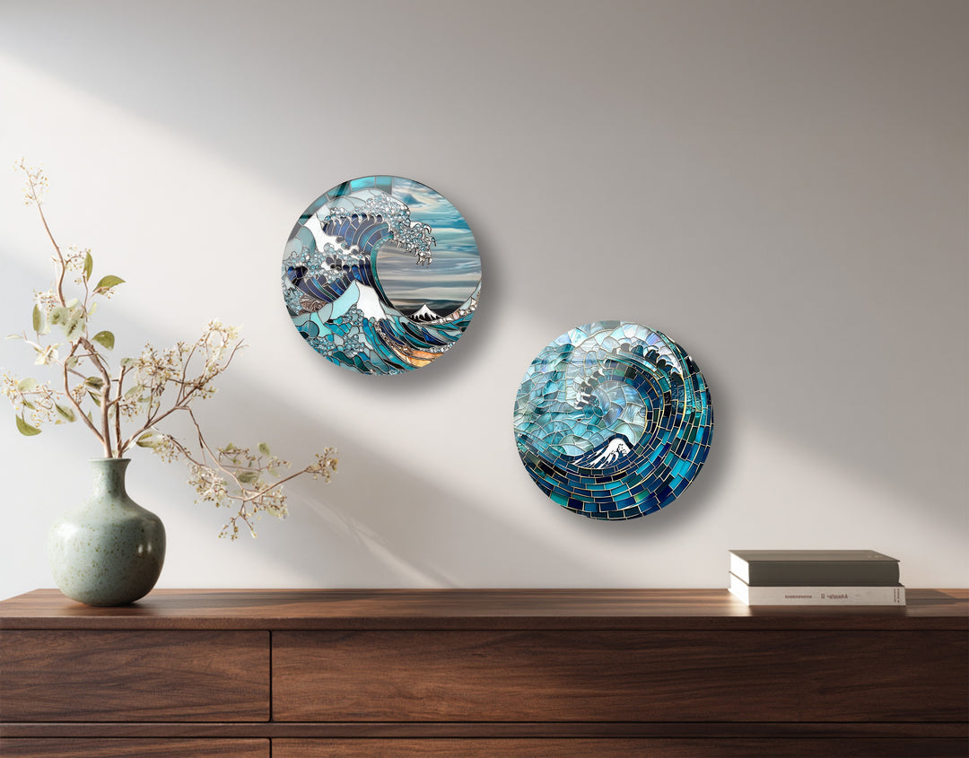 Oceanic Waves – Mosaic Sea-Inspired Round Glass Wall Art Set