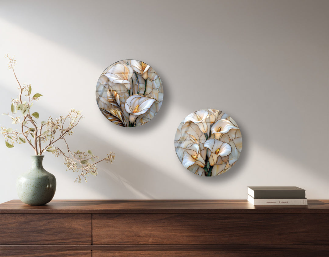 Golden Blossom Harmony – Elegant Floral Round Glass Wall Art Set