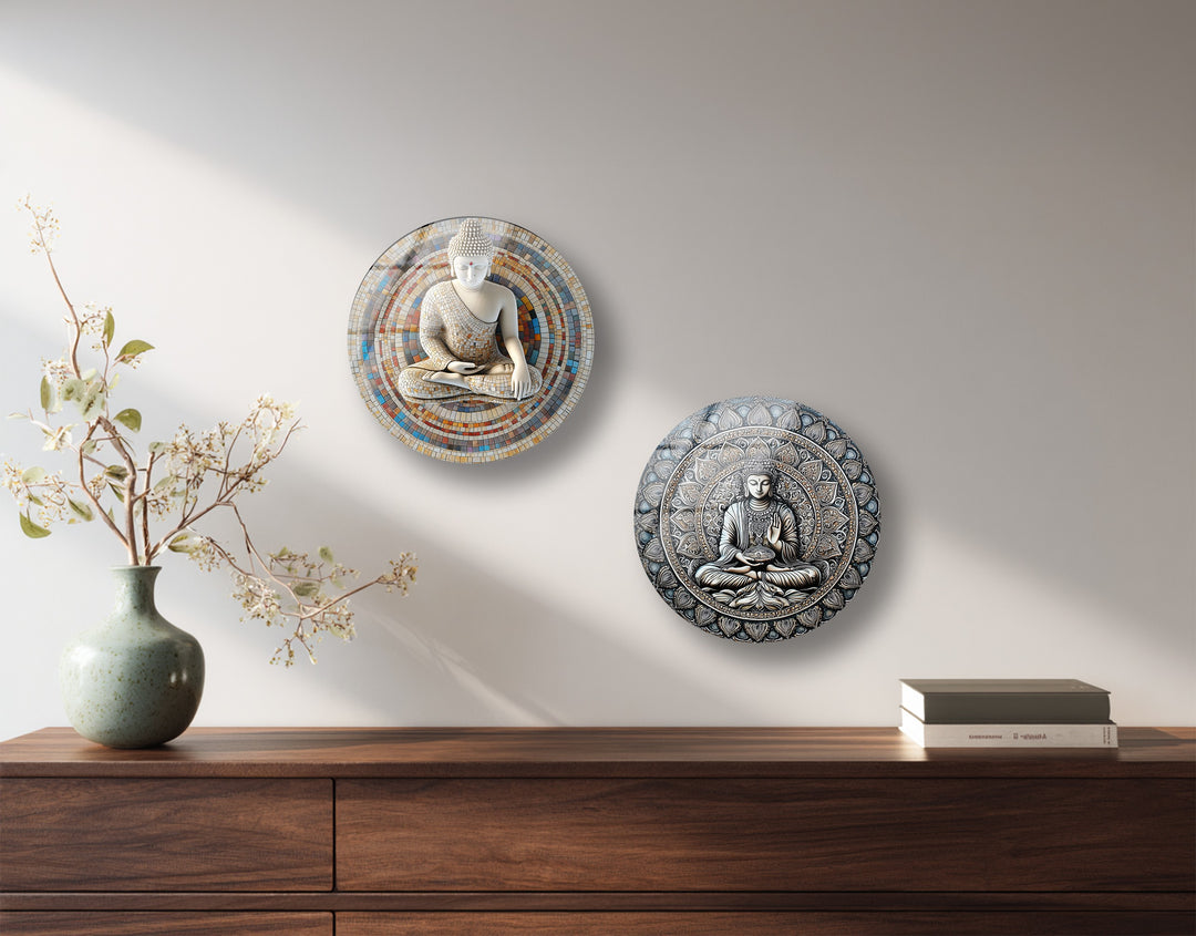 Tranquil Enlightenment – Buddha Mandala Round Glass Wall Art Set