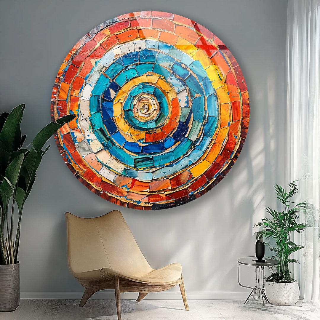 Radiant Vortex – Abstract Circular Mosaic Round Glass Wall Art