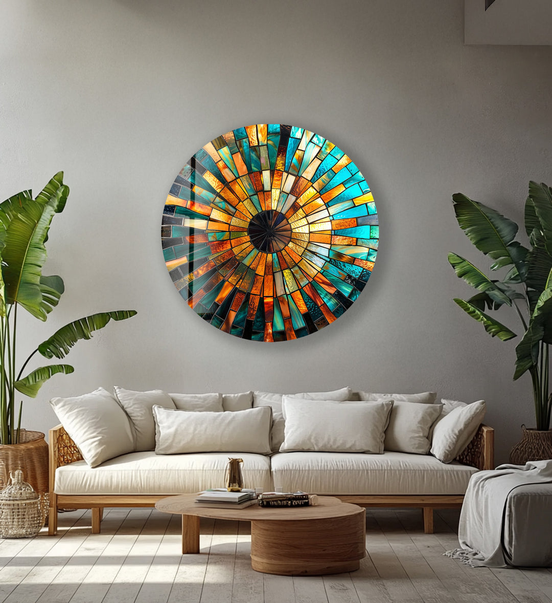 Radiant Sunburst – Golden Mosaic Round Glass Wall Art