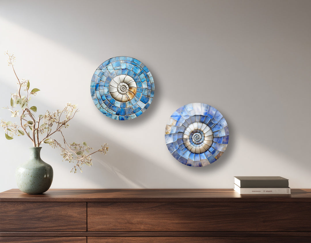 Azure Spiral Harmony – Blue Mosaic Round Glass Wall Art Set