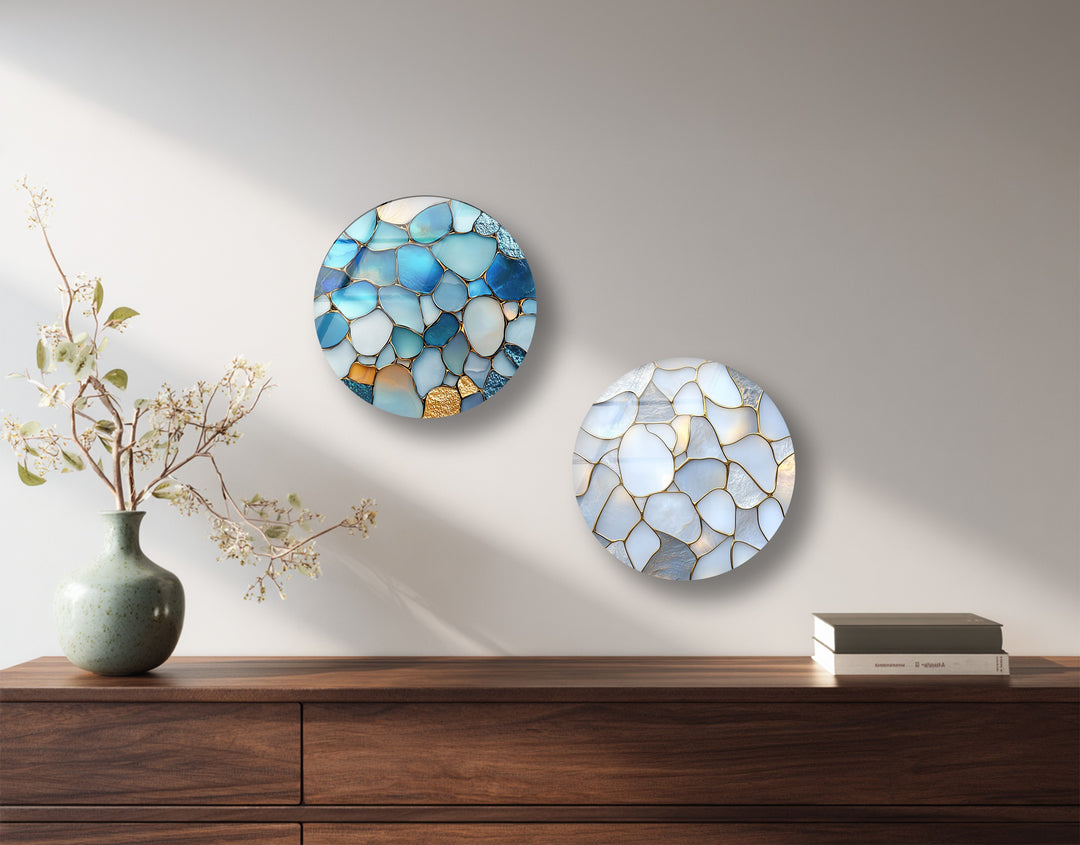 Serene Glow – Ocean Pebble Mosaic Round Glass Wall Art Set