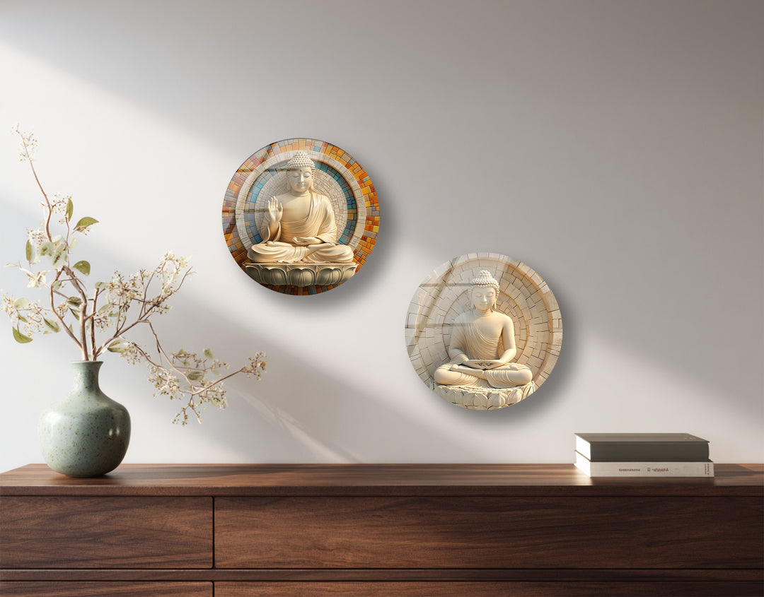 Tranquil Enlightenment – Buddha Mosaic Round Glass Wall Art Set