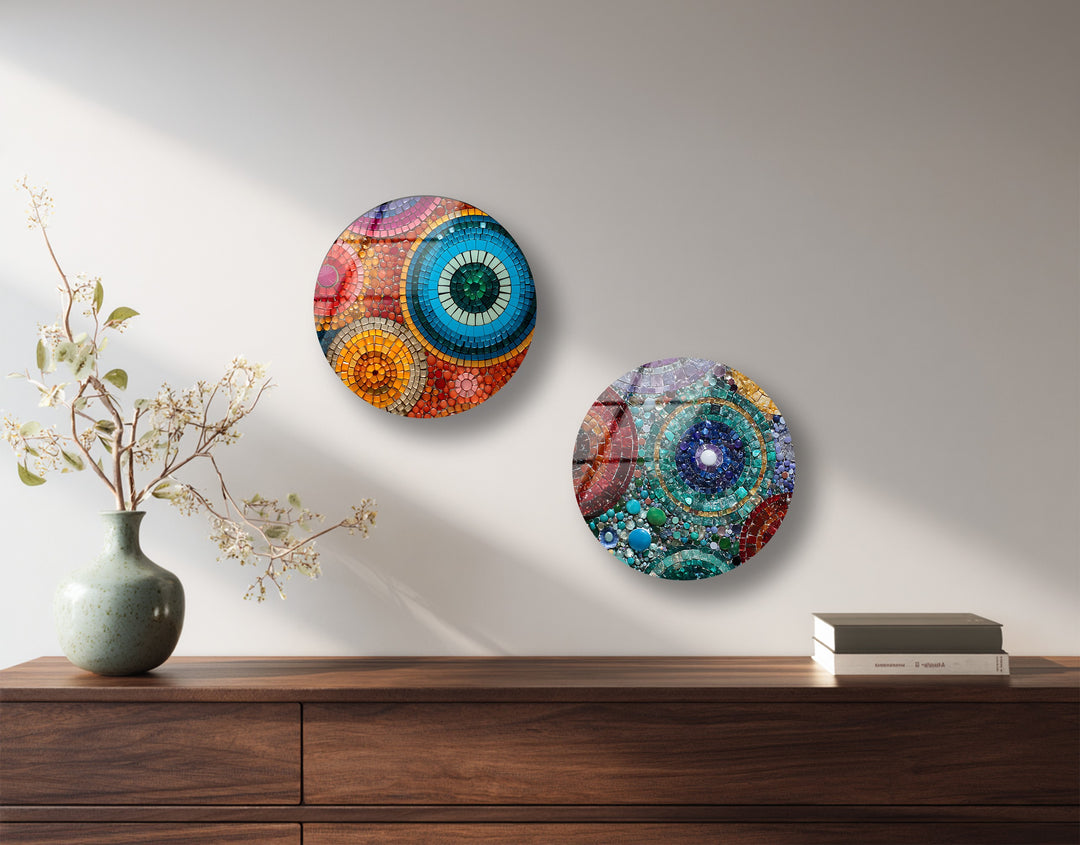 Radiant Mosaic Circles – Colorful Abstract Round Glass Wall Art Set