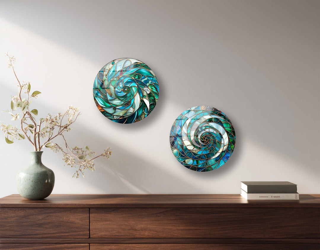 Aqua Spiral Essence – Abstract Ocean Mosaic Round Glass Wall Art Set