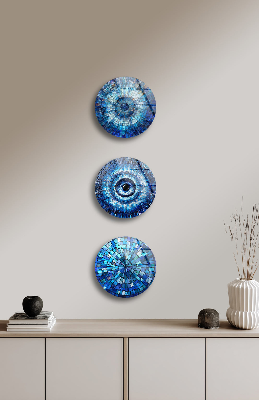 Blue Mosaic Harmony – Evil Eye Inspired Round Glass Wall Art Set