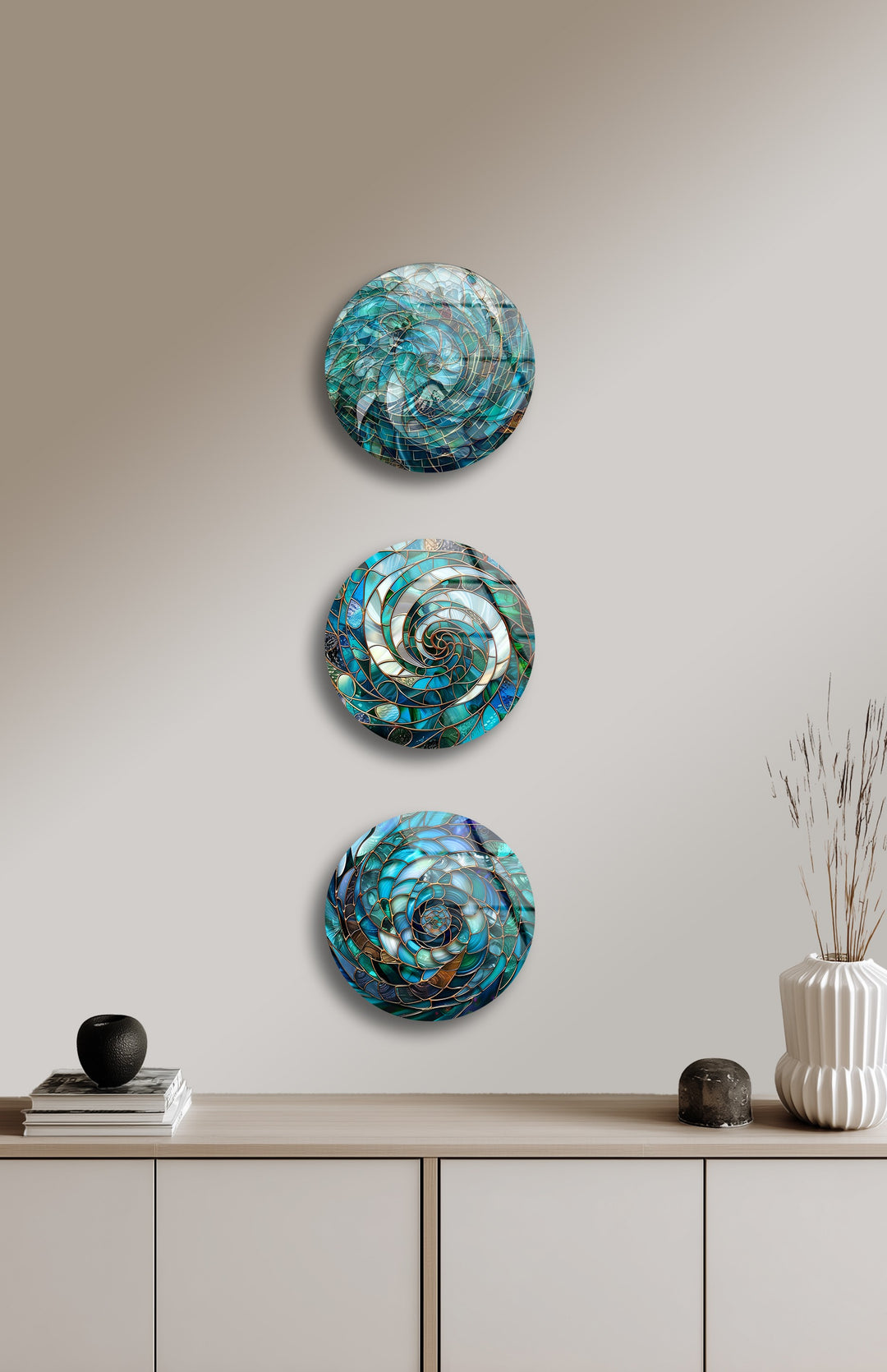 Aqua Spiral Essence – Abstract Ocean Mosaic Round Glass Wall Art Set