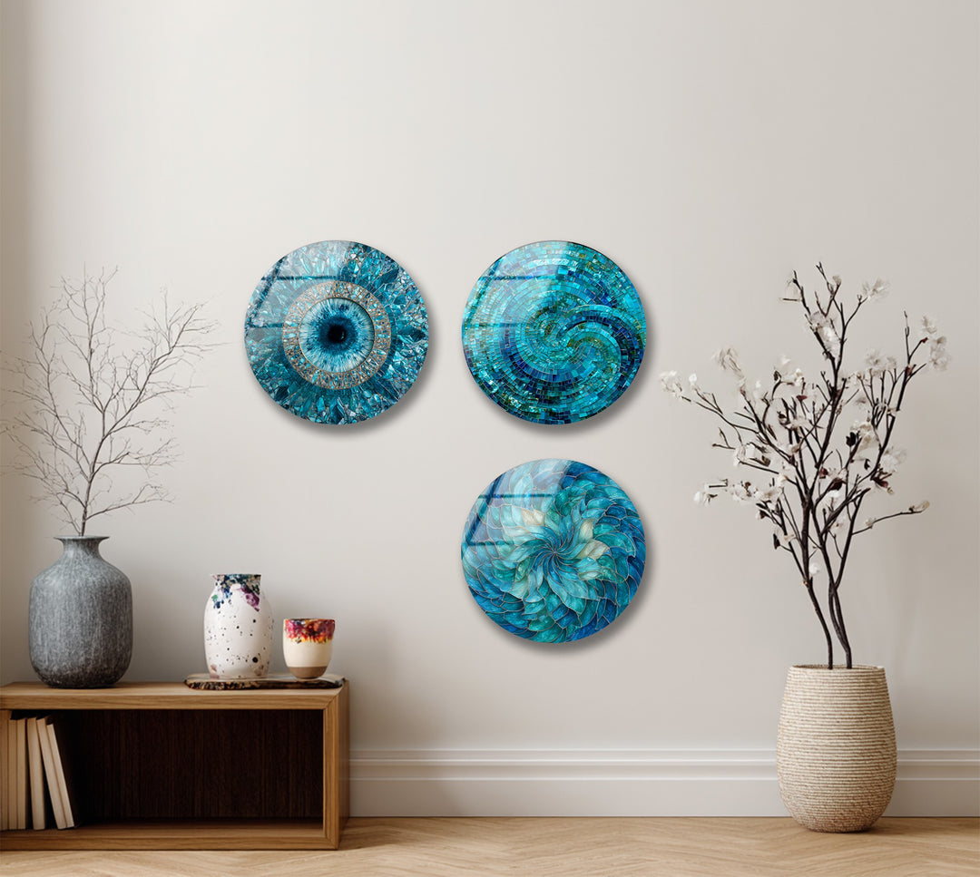 Tranquil Reflections Trio – Blue Mosaic & Buddha Round Glass Wall Art Set