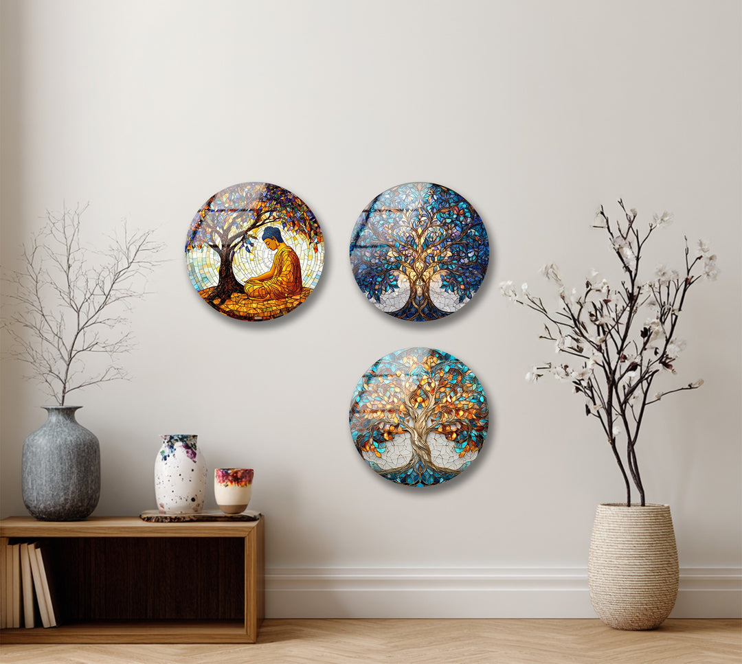 Golden Harmony Trees – Round Glass Wall Art Set