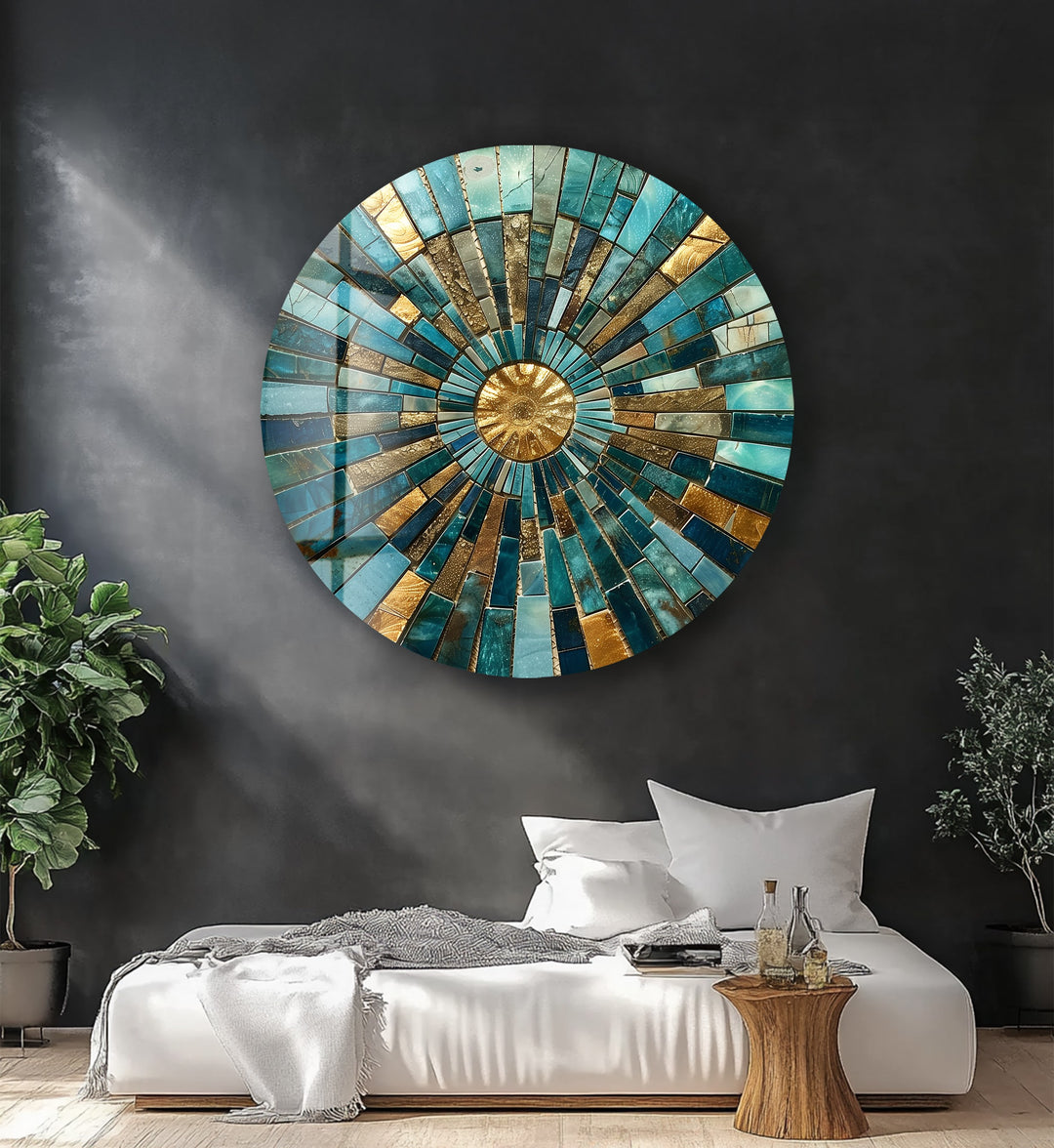 Golden Horizon – Turquoise Mosaic Round Glass Wall Art
