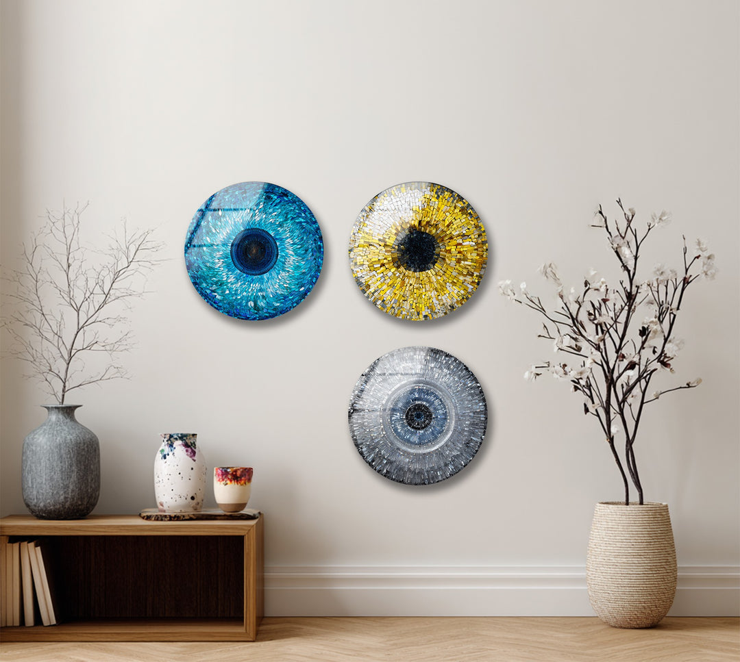 Azure Harmony Trio – Evil Eye Mosaic Round Glass Wall Art Set