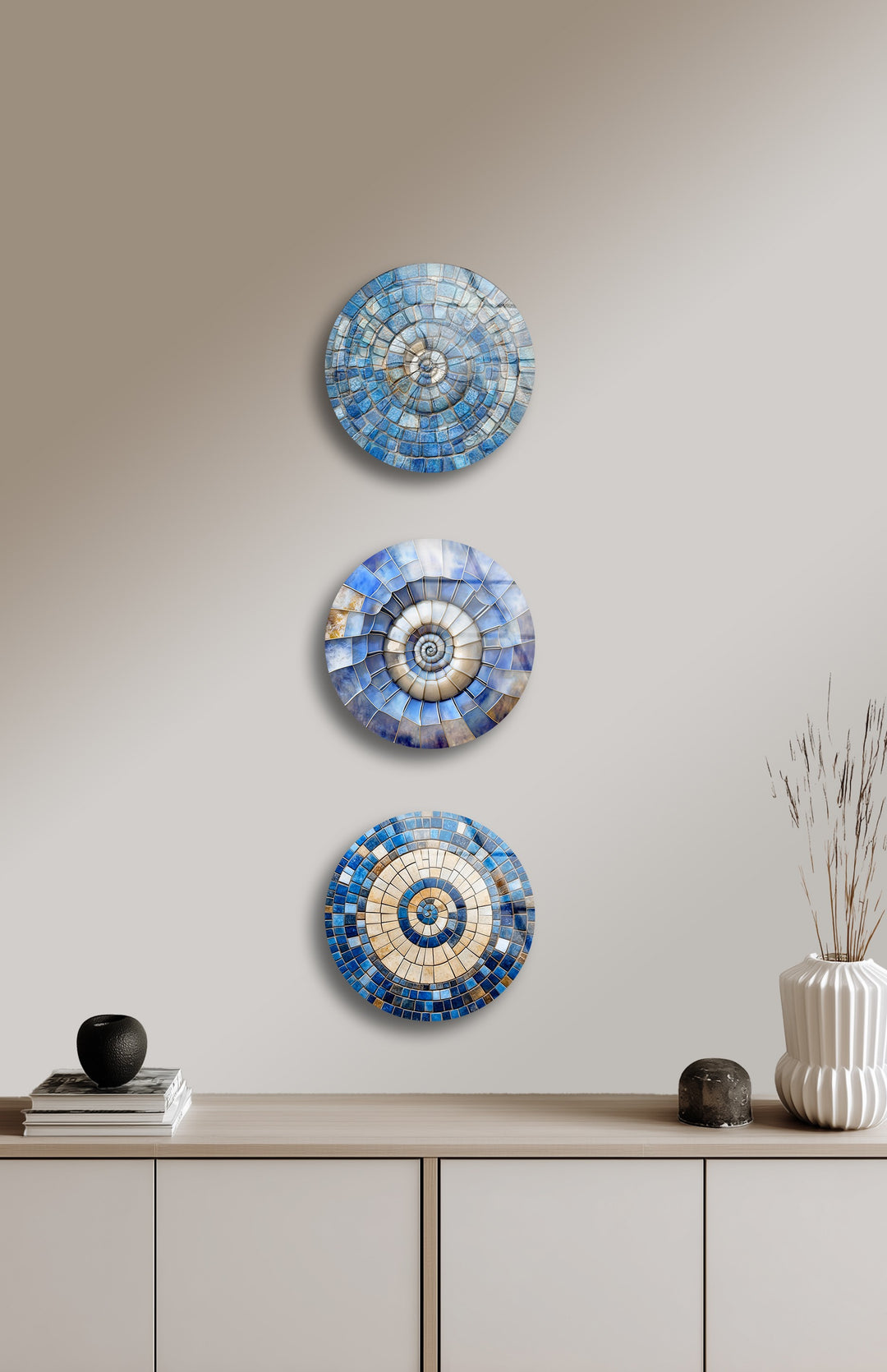 Azure Spiral Harmony – Blue Mosaic Round Glass Wall Art Set