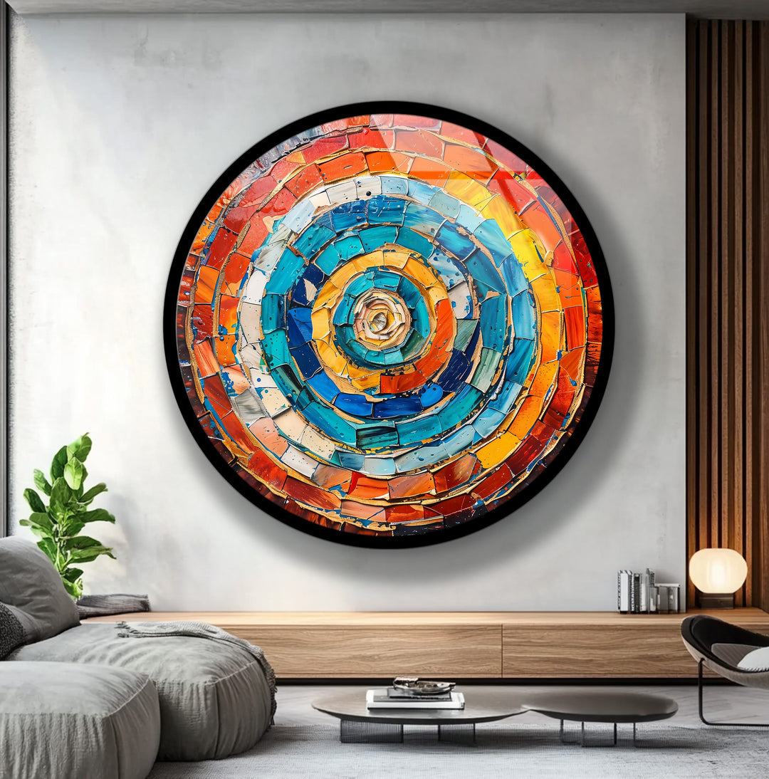 Radiant Vortex – Abstract Circular Mosaic Round Glass Wall Art