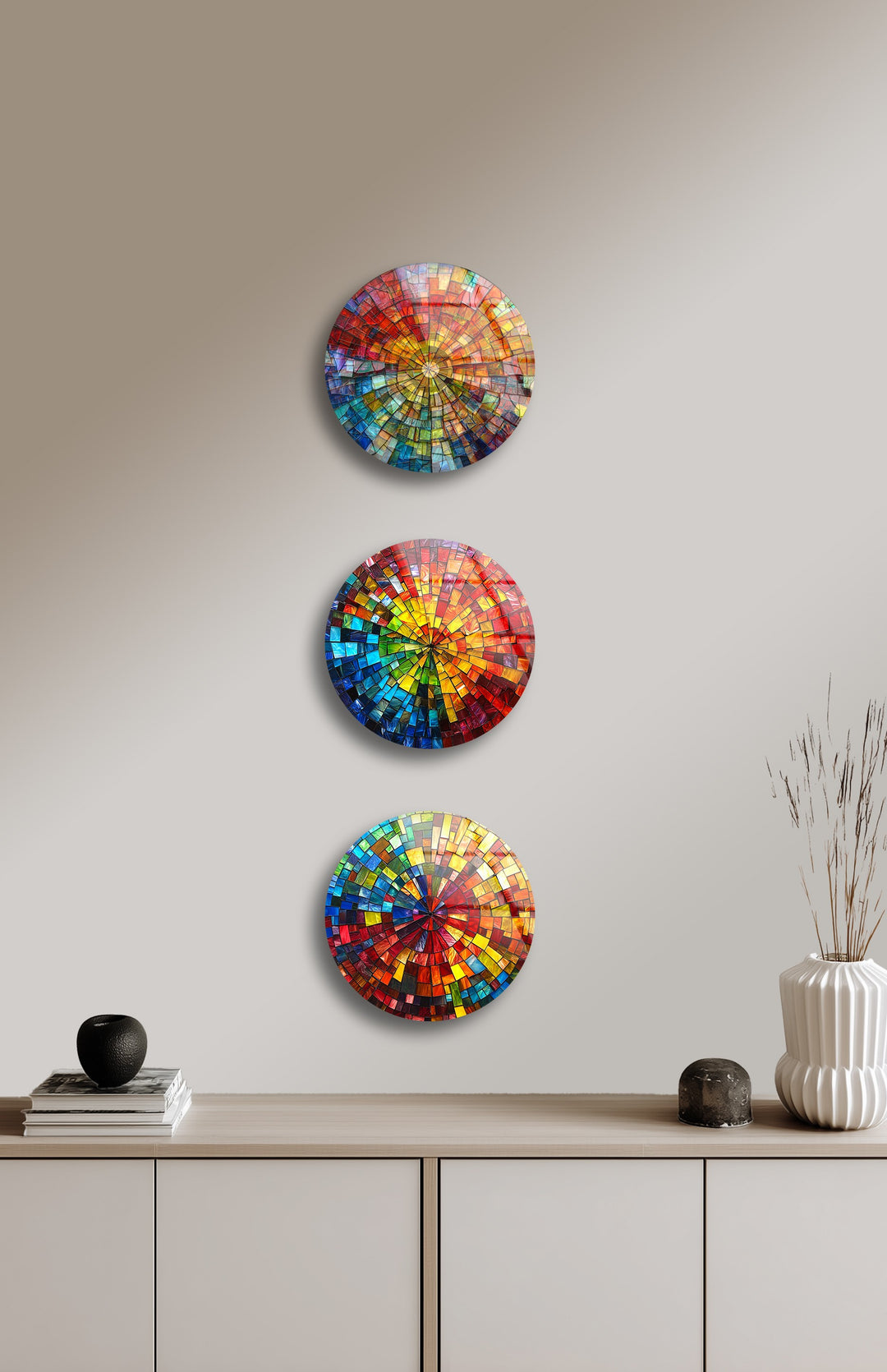 Radiant Spectrum – Color Burst Mosaic Round Glass Wall Art Set
