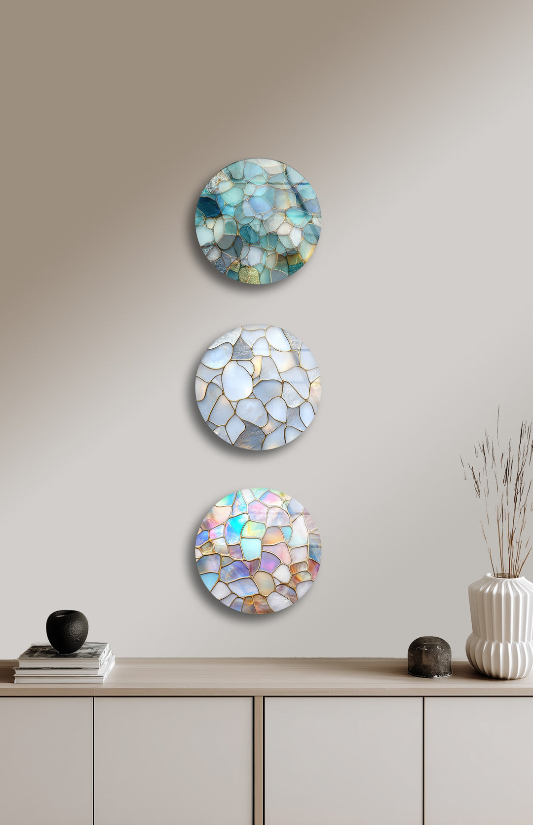 Serene Glow – Ocean Pebble Mosaic Round Glass Wall Art Set