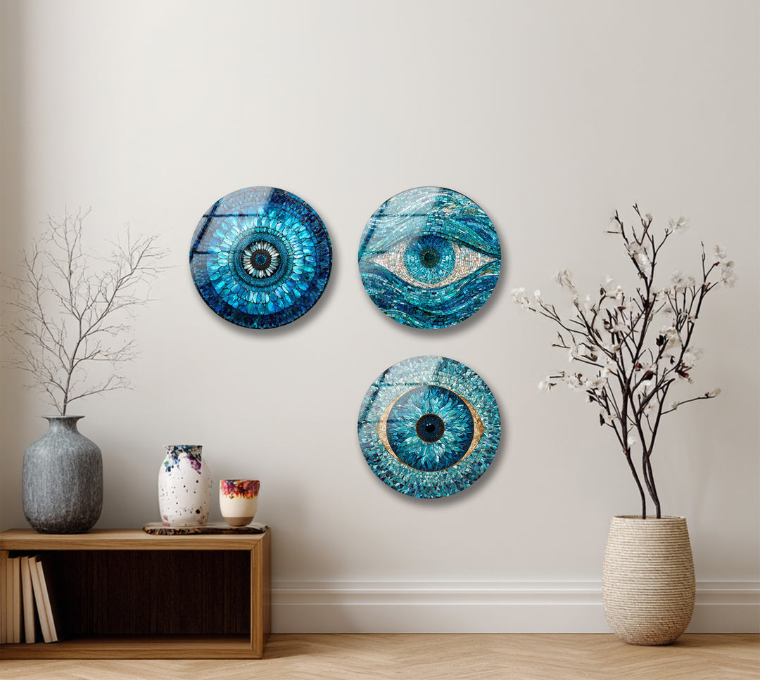 Blue Mosaic Protection Trio – Evil Eye Round Glass Wall Art Set