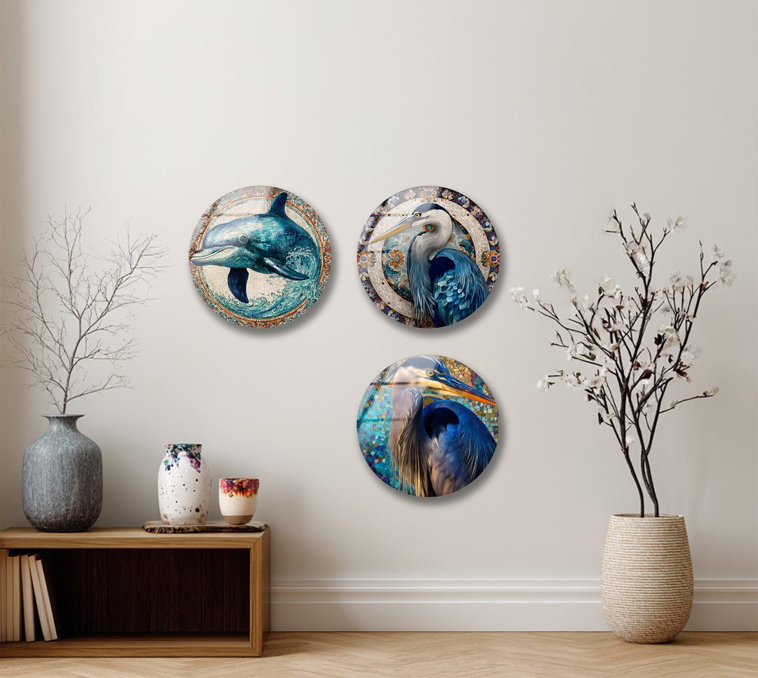Oceanic Harmony Trio – Dolphin & Heron Mosaic Round Glass Wall Art Set