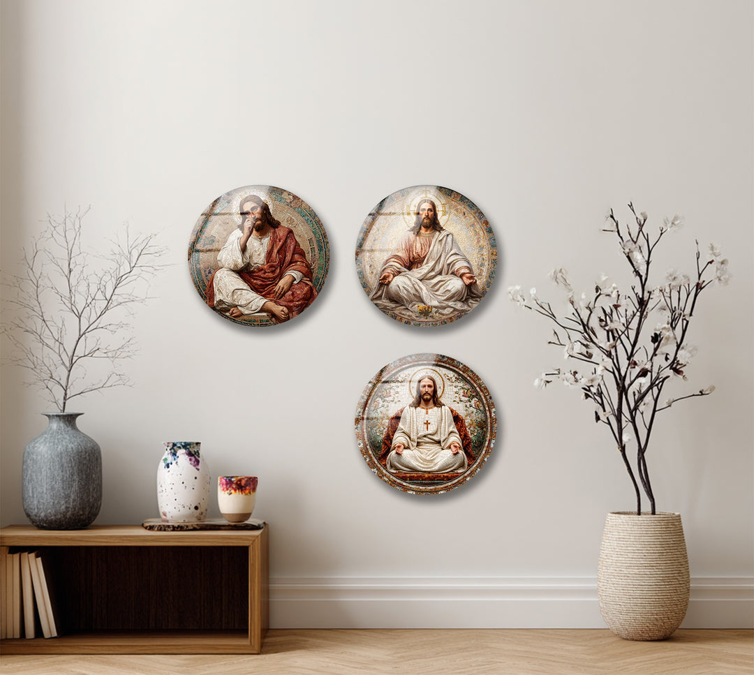 Sacred Grace Collection – Jesus Christ Mosaic Round Glass Wall Art Set