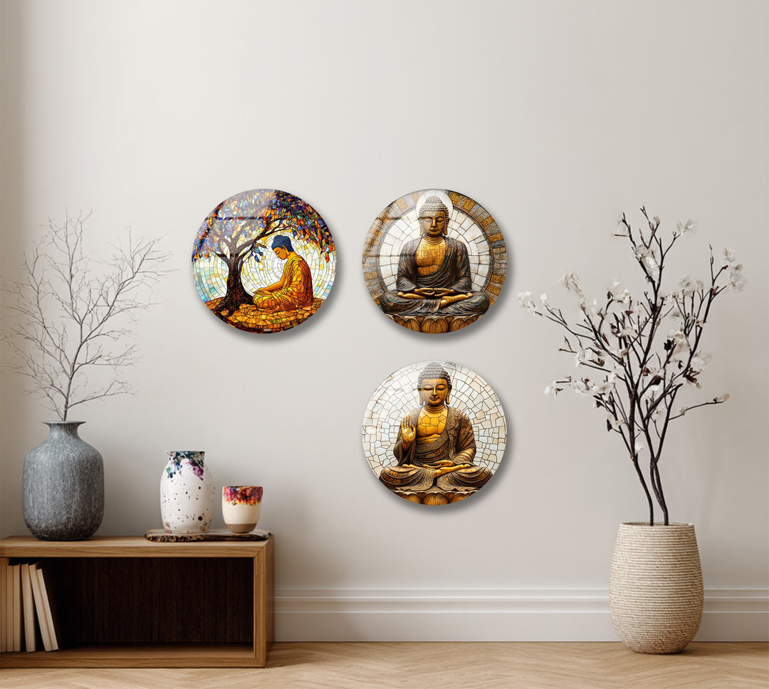 Serene Enlightenment Set – Buddha Mosaic Round Glass Wall Art Collection