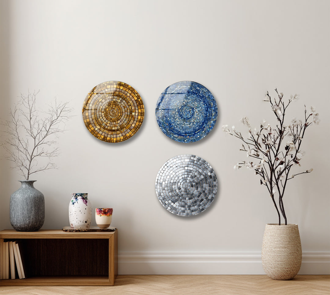 Radiant Reflections Trio – Gold & Silver Mosaic Round Glass Wall Art Set