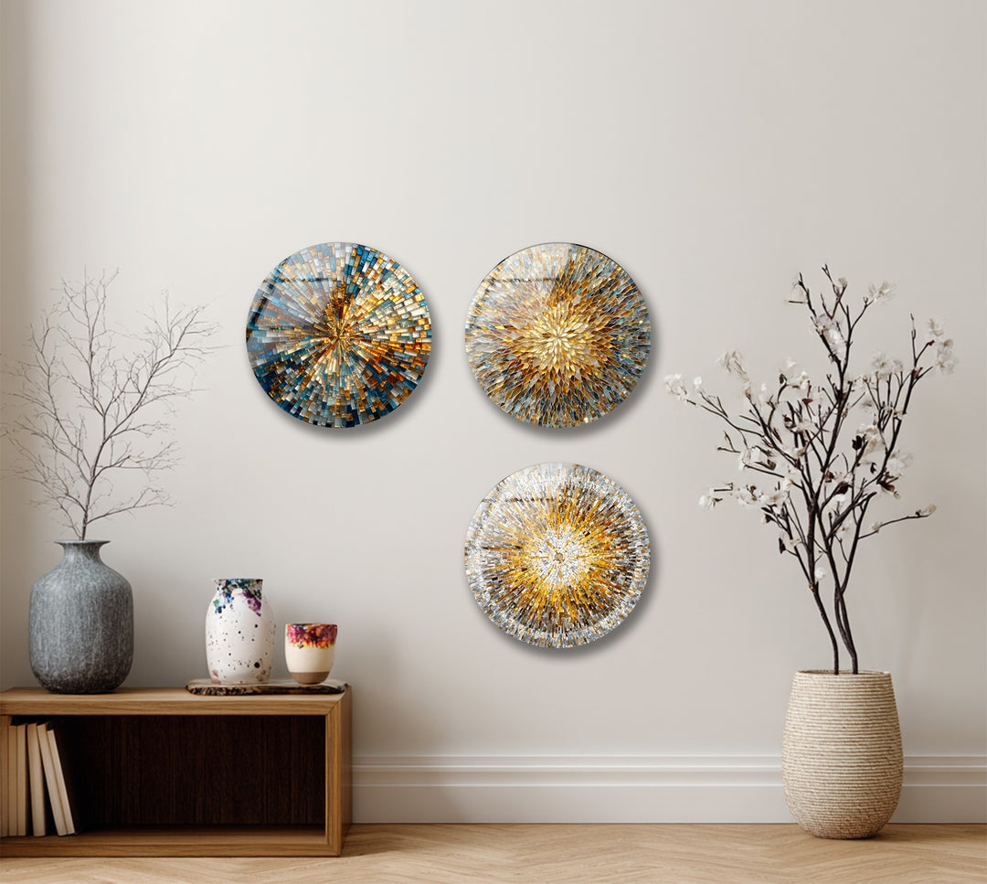 Golden Radiance Quartet – Sunburst Mosaic Round Glass Wall Art Set
