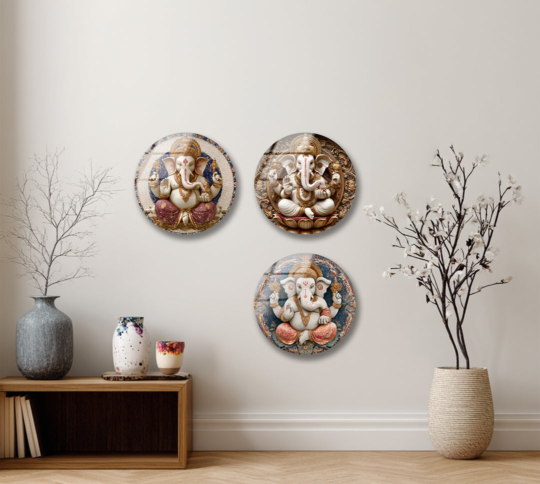 Divine Prosperity Trio – Lord Ganesha Round Glass Wall Art Set