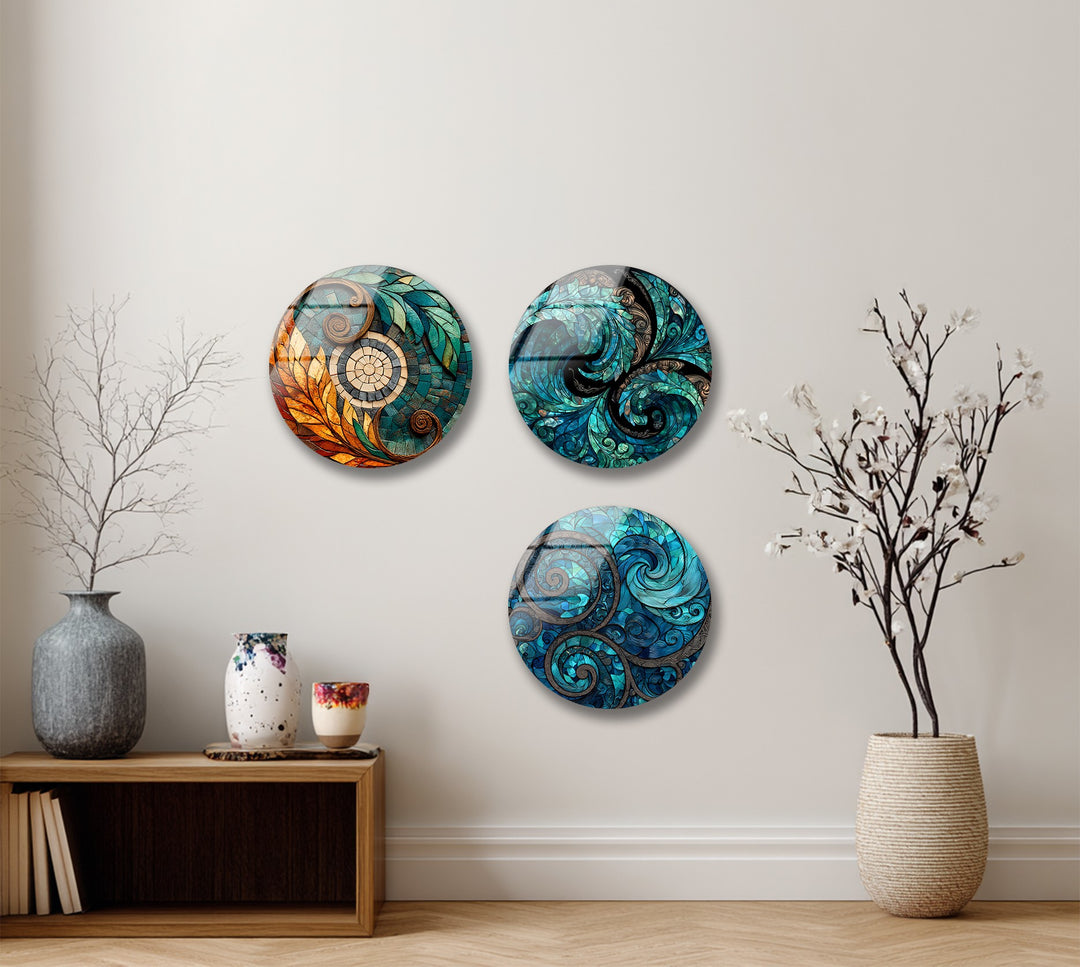 Ocean Harmony Quartet – Abstract Swirl Mosaic Round Glass Wall Art Set
