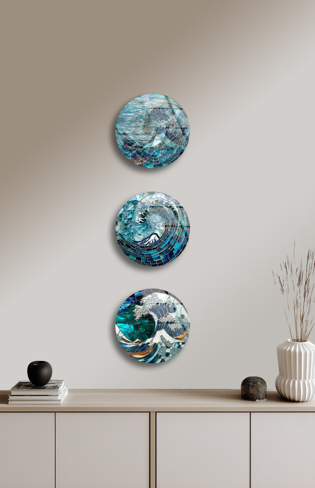 Oceanic Waves – Mosaic Sea-Inspired Round Glass Wall Art Set