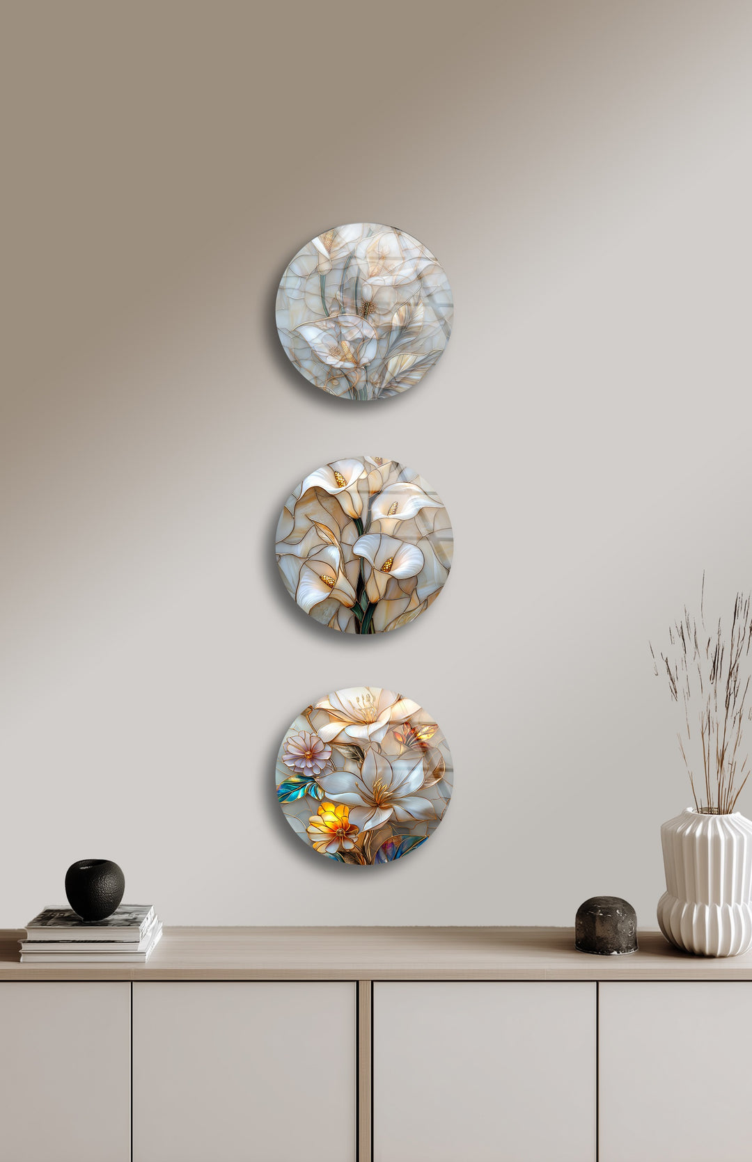 Golden Blossom Harmony – Elegant Floral Round Glass Wall Art Set