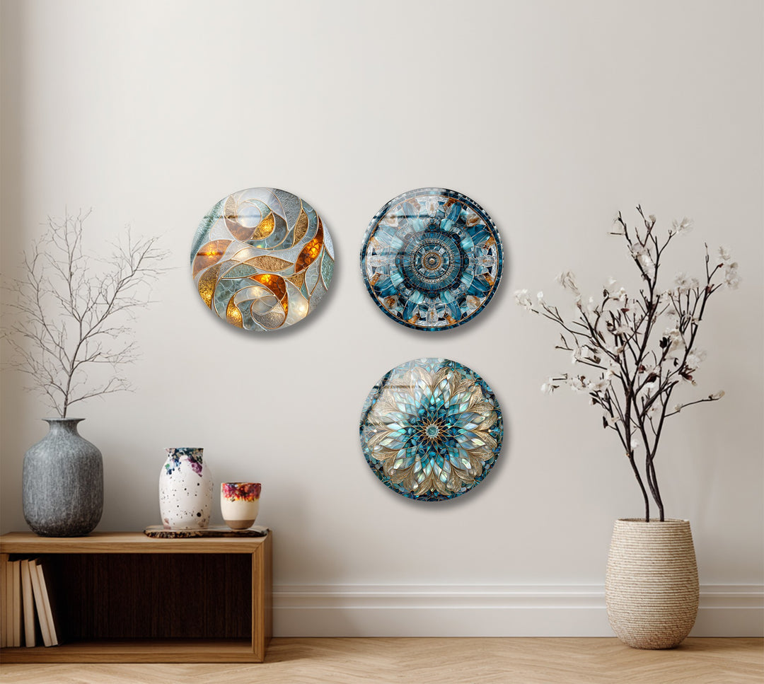 Golden Harmony Trio – Abstract Mosaic Round Glass Wall Art Set