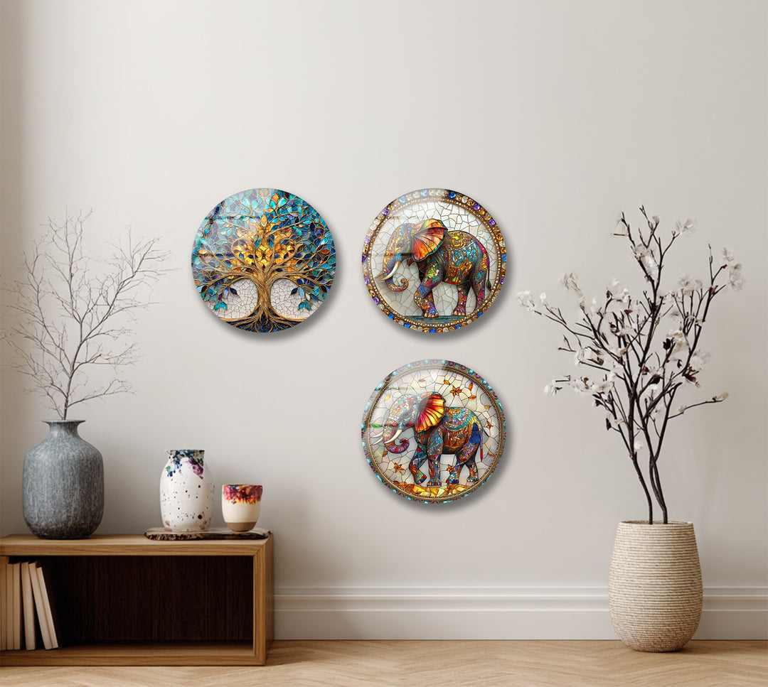 Eternal Wisdom Trio – Elephant & Tree of Life Round Glass Wall Art Set