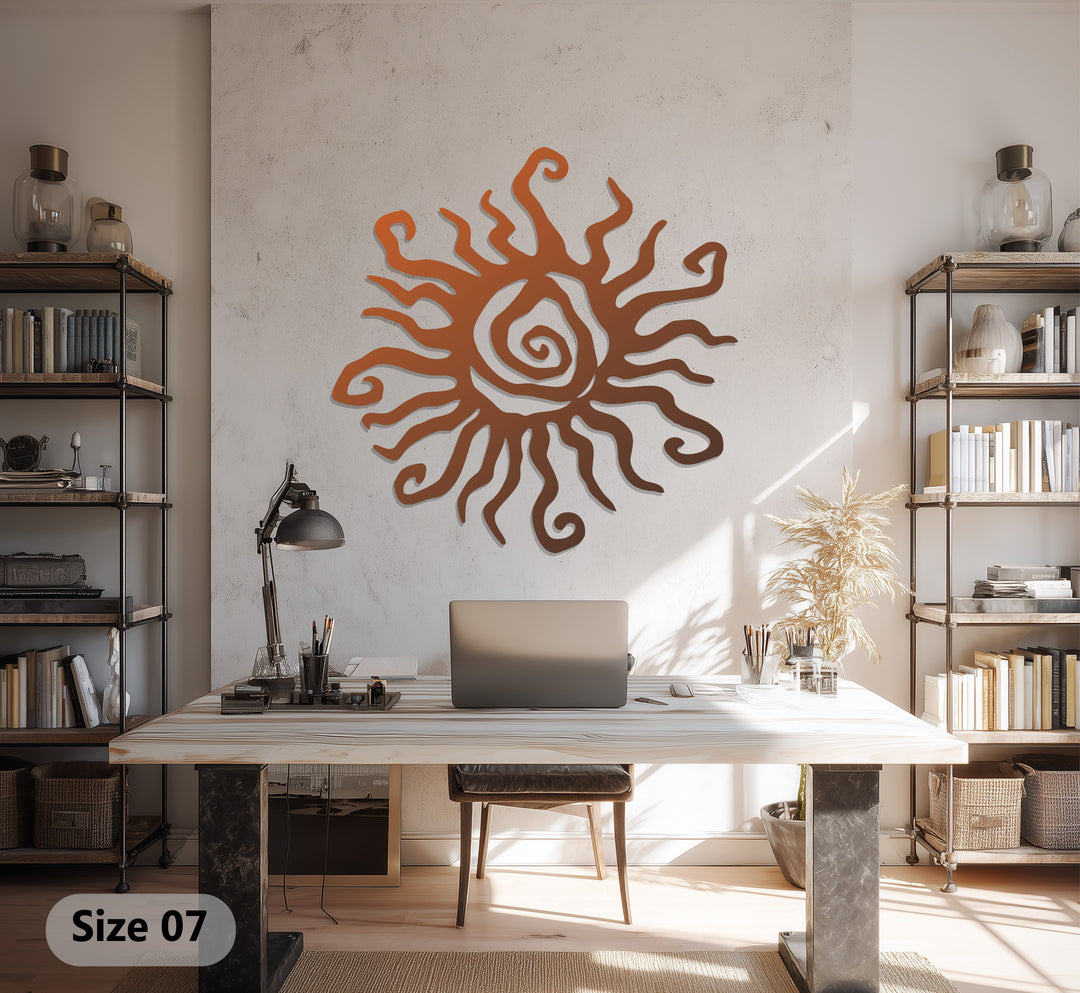 Abstract Sun Metal Wall Art – Bohemian Spiral Sunburst Decor