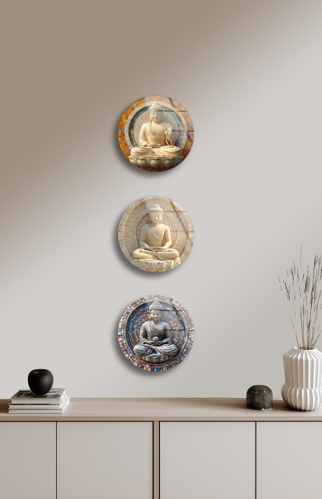 Tranquil Enlightenment – Buddha Mosaic Round Glass Wall Art Set
