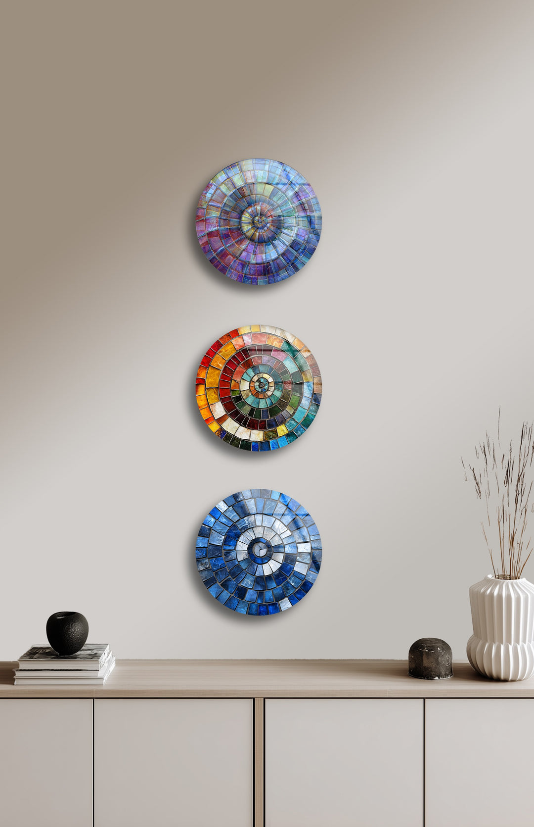 Radiant Spectrum – Colorful Mosaic Round Glass Wall Art Set