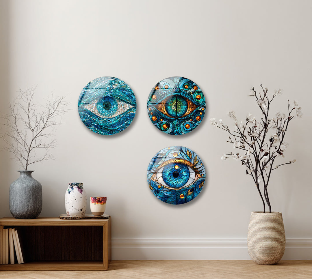 Mystic Vision Trio – Blue Evil Eye Mosaic Round Glass Wall Art Set